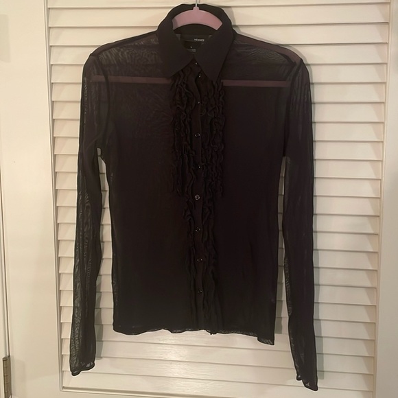 Hennes Black Nylon Mesh Ruffled See Through Button Down Blouse - Picture 1 of 9